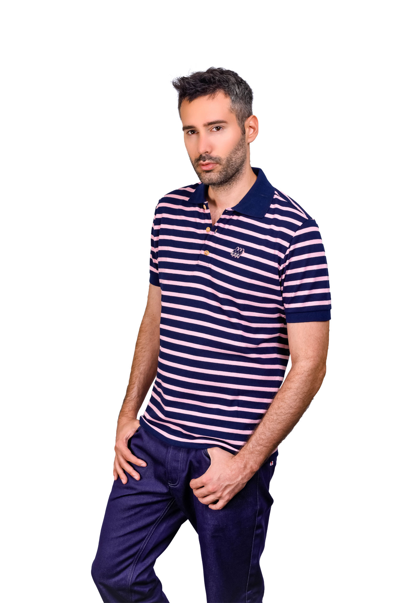 Polo homme rayé rose et bleu